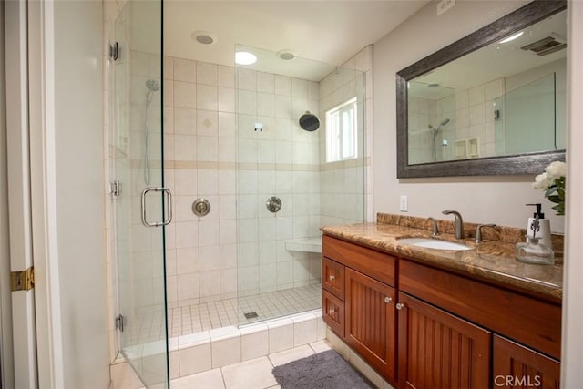 full bathroom featuring visible vents, a shower stall, and vanity