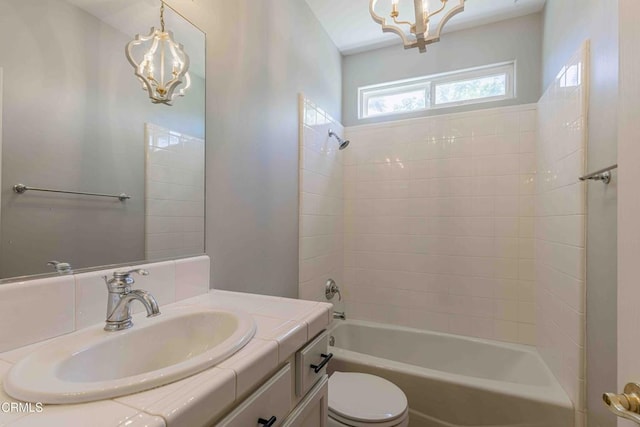 full bathroom with toilet, vanity, shower / tub combination, and a chandelier