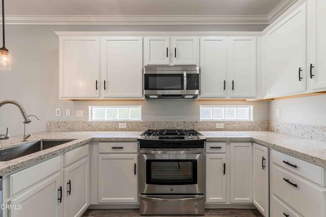 kitchen featuring crown molding, a sink, appliances with stainless steel finishes, and a wealth of natural light