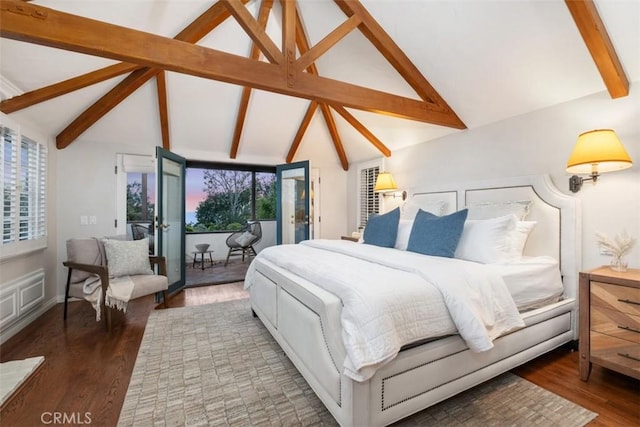 421 High Dr, Laguna Beach, CA 92651 - bedroom featuring beam ceiling, access to exterior, wood finished floors, and high vaulted ceiling