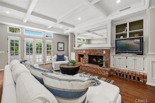 421 High Dr, Laguna Beach, CA 92651 - living area featuring coffered ceiling, wood finished floors, french doors, a brick fireplace, and beamed ceiling