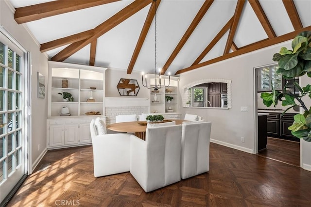 421 High Dr, Laguna Beach, CA 92651 - dining room featuring a chandelier, baseboards, beam ceiling, and high vaulted ceiling
