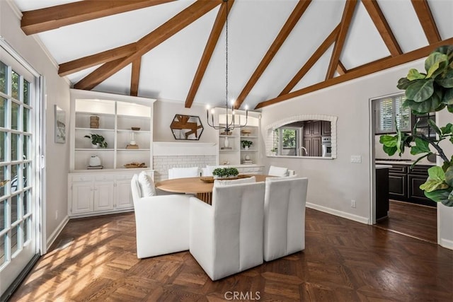 421 High Dr, Laguna Beach, CA 92651 - dining area with a chandelier, beamed ceiling, and high vaulted ceiling