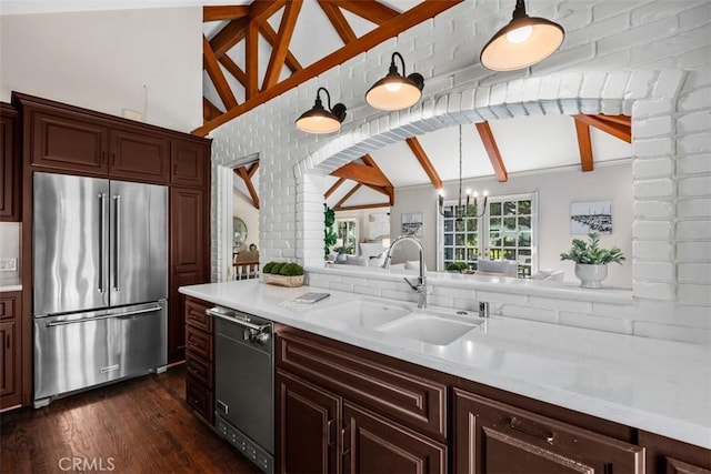 421 High Dr, Laguna Beach, CA 92651 - kitchen featuring high quality fridge, dishwasher, light countertops, dark wood-style flooring, and decorative backsplash
