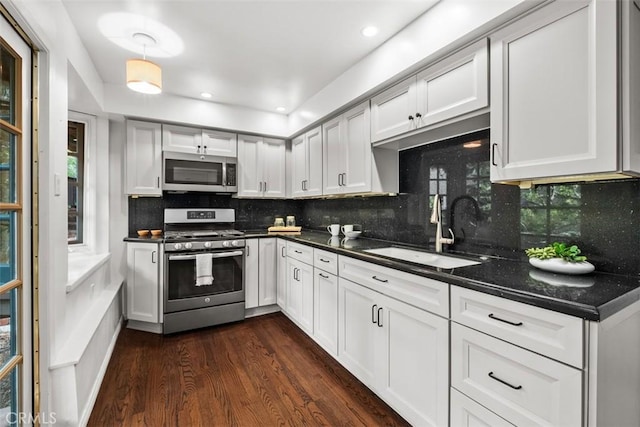421 High Dr, Laguna Beach, CA 92651 - kitchen featuring stainless steel appliances, a sink, dark wood-style flooring, decorative backsplash, and recessed lighting