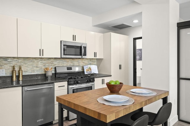 1551 4th Ave Unit 611, San Diego, CA 92101 - kitchen with decorative backsplash, visible vents, wood finished floors, stainless steel appliances, and white cabinetry