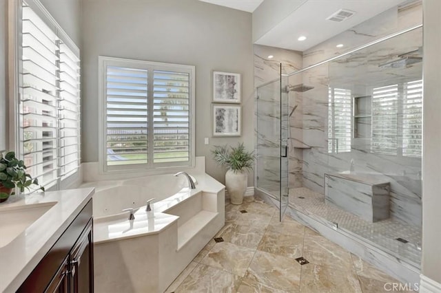 bathroom featuring visible vents, a tub with jets, vanity, marble finish floor, and a marble finish shower