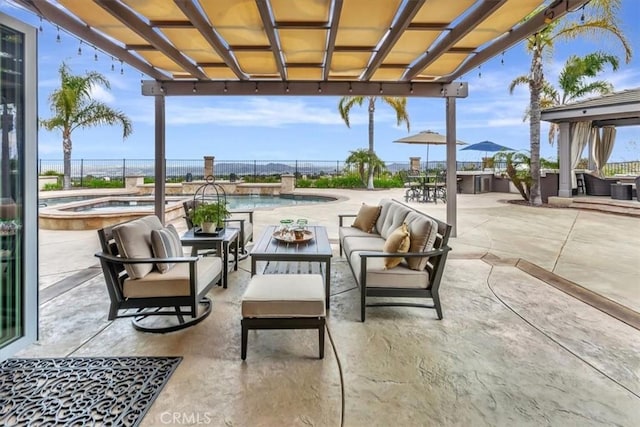 view of patio / terrace with a pool with connected hot tub, fence, a pergola, and an outdoor hangout area