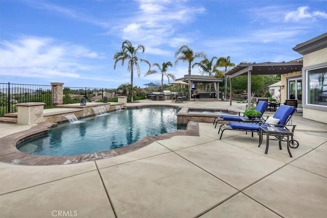 view of pool with fence, a pergola, a pool with connected hot tub, and a patio area