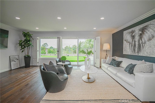 2217 Serrano Pl, Fullerton, CA 92833 - living room featuring recessed lighting, ornamental molding, a healthy amount of sunlight, and dark wood-style floors