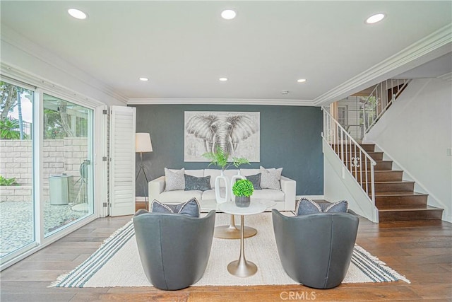 2217 Serrano Pl, Fullerton, CA 92833 - living room featuring stairs, recessed lighting, ornamental molding, and wood finished floors