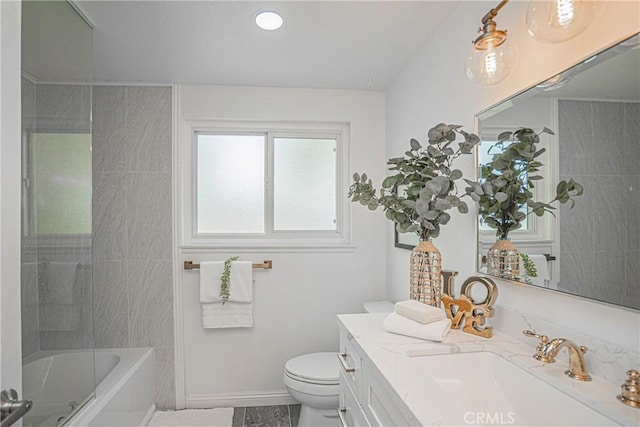 2217 Serrano Pl, Fullerton, CA 92833 - bathroom featuring vanity, baseboards, shower / tub combination, and toilet