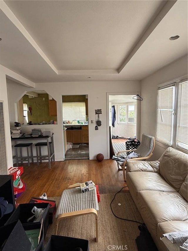 living room with hardwood / wood-style floors, a raised ceiling, and a heating unit