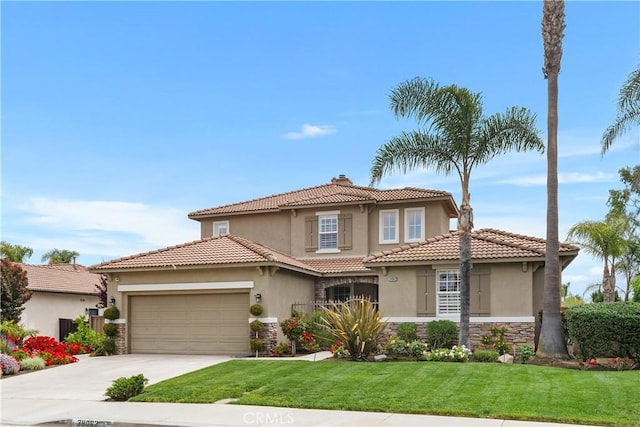 view of front of home featuring stucco siding, a garage, driveway, stone siding, and a front lawn