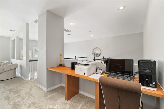 home office featuring recessed lighting, visible vents, carpet floors, and baseboards