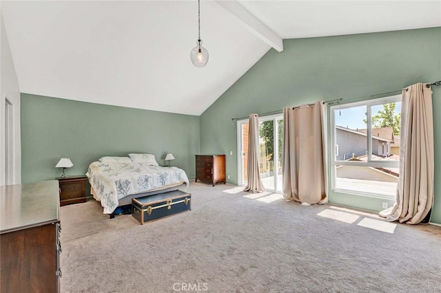 carpeted bedroom featuring beam ceiling, high vaulted ceiling, and access to outside