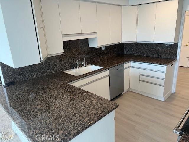 32679 Seagate Dr Unit 308-H, Rancho Palos Verdes, CA 90275 - kitchen featuring a peninsula, dishwashing machine, white cabinetry, a sink, and dark stone countertops