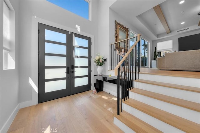 507 N Maria Ave Unit A, Redondo Beach, CA 90277 - foyer with french doors, stairs, hardwood / wood-style floors, baseboards, and recessed lighting