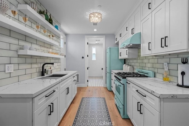 507 N Maria Ave Unit A, Redondo Beach, CA 90277 - kitchen with open shelves, gas stove, under cabinet range hood, a sink, and freestanding refrigerator