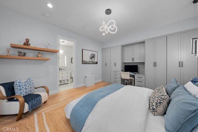 507 N Maria Ave Unit A, Redondo Beach, CA 90277 - bedroom featuring light wood-type flooring, baseboards, recessed lighting, a chandelier, and ensuite bathroom