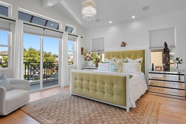 507 N Maria Ave Unit A, Redondo Beach, CA 90277 - bedroom featuring lofted ceiling, wood finished floors, access to outside, a chandelier, and recessed lighting