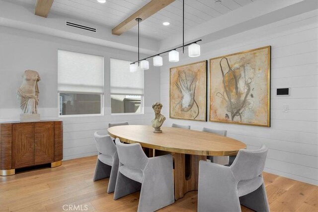 507 N Maria Ave Unit A, Redondo Beach, CA 90277 - dining area featuring beamed ceiling, wood walls, wooden ceiling, and light wood-type flooring