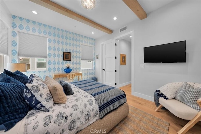 507 N Maria Ave Unit A, Redondo Beach, CA 90277 - bedroom with wallpapered walls, baseboards, wood finished floors, beam ceiling, and recessed lighting
