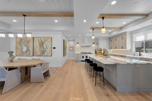 507 N Maria Ave Unit A, Redondo Beach, CA 90277 - dining area featuring light wood-style floors, beamed ceiling, recessed lighting, and wooden ceiling