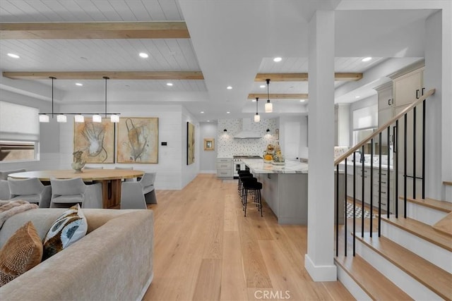 507 N Maria Ave Unit A, Redondo Beach, CA 90277 - living area with light wood finished floors, recessed lighting, beamed ceiling, stairs, and wooden ceiling