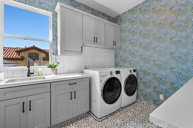 507 N Maria Ave Unit A, Redondo Beach, CA 90277 - clothes washing area featuring cabinet space, independent washer and dryer, and wallpapered walls