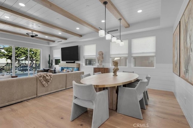 507 N Maria Ave Unit A, Redondo Beach, CA 90277 - dining room featuring beamed ceiling, light wood finished floors, wood ceiling, wainscoting, and recessed lighting
