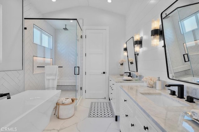 507 N Maria Ave Unit A, Redondo Beach, CA 90277 - bathroom with plenty of natural light, a shower stall, vanity, a soaking tub, and lofted ceiling