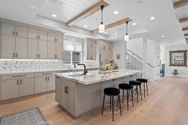 507 N Maria Ave Unit A, Redondo Beach, CA 90277 - kitchen with light wood finished floors, backsplash, beam ceiling, a sink, and gray cabinets