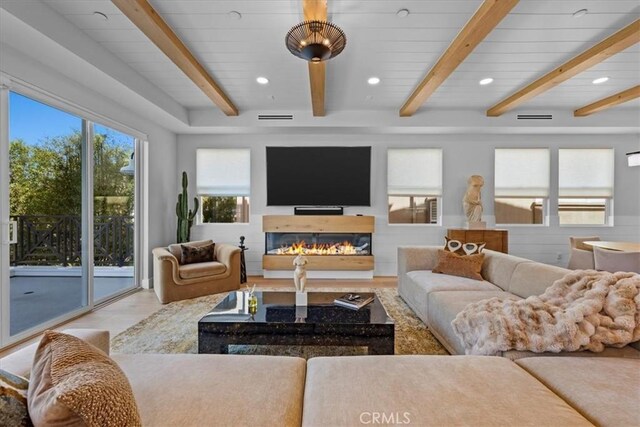 507 N Maria Ave Unit A, Redondo Beach, CA 90277 - living room with a glass covered fireplace, wood finished floors, beam ceiling, and recessed lighting