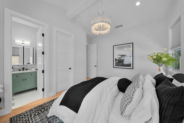 507 N Maria Ave Unit A, Redondo Beach, CA 90277 - bedroom featuring a chandelier, light wood-style flooring, connected bathroom, a sink, and recessed lighting