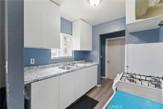907 E 109th Pl, Los Angeles, CA 90059 - kitchen featuring a sink, white appliances, light countertops, light wood-style flooring, and white cabinetry