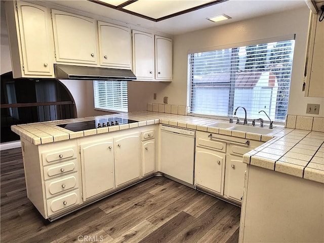 4872 Emerald Ave, La Verne, CA 91750 - kitchen featuring dark wood finished floors, under cabinet range hood, black electric cooktop, dishwasher, and a sink