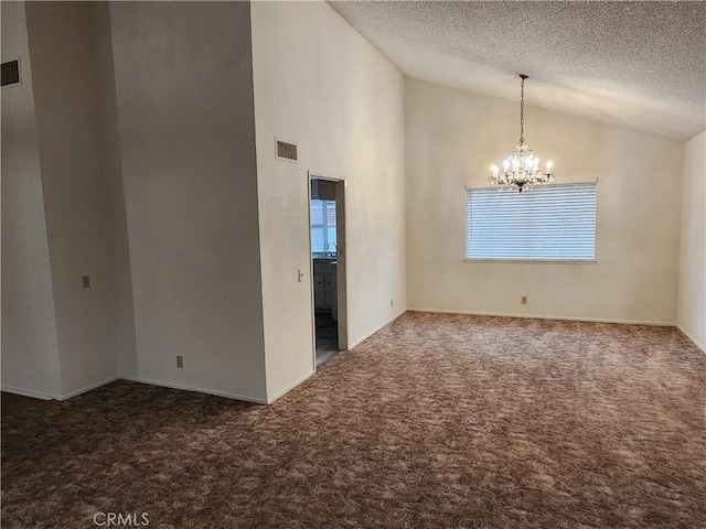 4872 Emerald Ave, La Verne, CA 91750 - spare room with visible vents, a notable chandelier, vaulted ceiling, and carpet floors