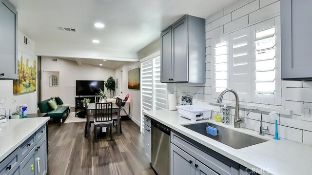 10301 Antigua St, Anaheim, CA 92804 - kitchen featuring gray cabinets, visible vents, stainless steel dishwasher, and light countertops