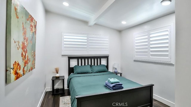 10301 Antigua St, Anaheim, CA 92804 - bedroom with baseboards, recessed lighting, wood finished floors, and vaulted ceiling with beams