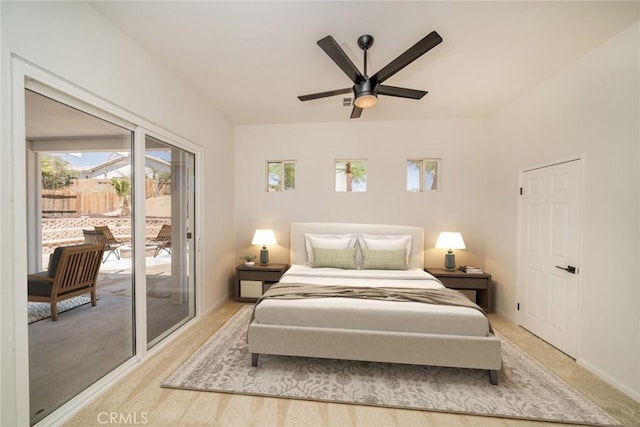 bedroom featuring a ceiling fan, access to outside, light colored carpet, and baseboards