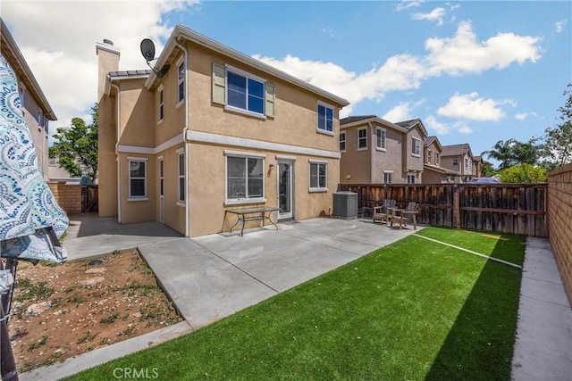 back of house featuring a fenced backyard, stucco siding, a yard, central air condition unit, and a patio