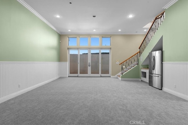 12 Bowie Rd, Rolling Hills, CA 90274 - unfurnished living room with carpet floors, ornamental molding, stairway, wainscoting, and recessed lighting