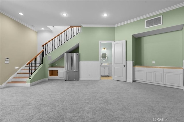12 Bowie Rd, Rolling Hills, CA 90274 - unfurnished living room featuring crown molding, carpet, recessed lighting, stairs, and wainscoting