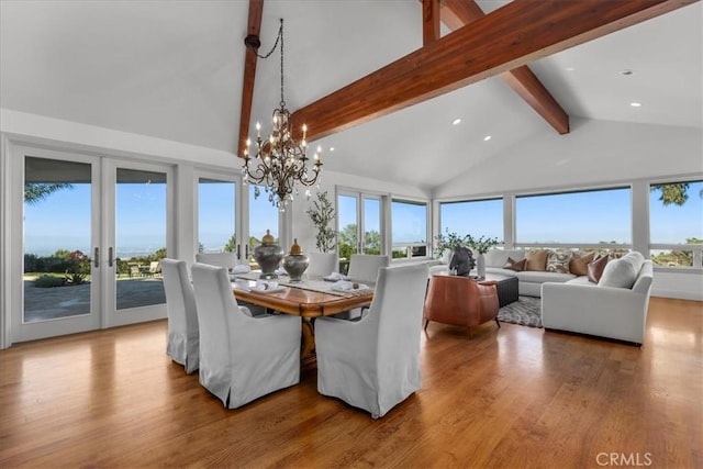 12 Bowie Rd, Rolling Hills, CA 90274 - dining space with beamed ceiling, a chandelier, wood finished floors, recessed lighting, and high vaulted ceiling
