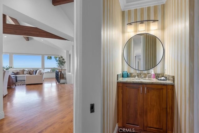 12 Bowie Rd, Rolling Hills, CA 90274 - bathroom with vanity, wood finished floors, and wallpapered walls