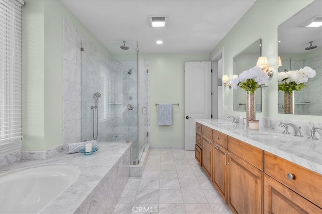 12 Bowie Rd, Rolling Hills, CA 90274 - bathroom with a stall shower, double vanity, a garden tub, and marble finish flooring