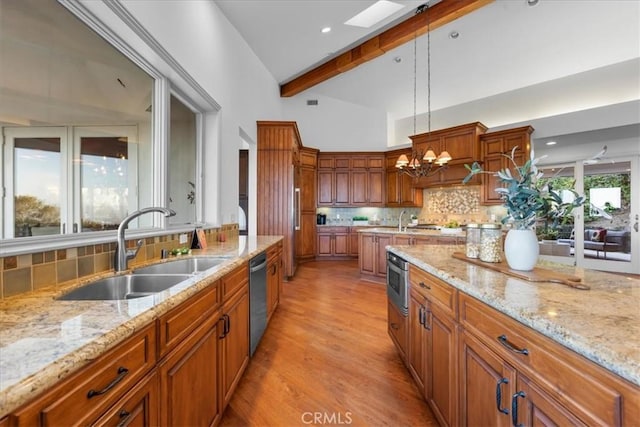 12 Bowie Rd, Rolling Hills, CA 90274 - kitchen with a sink, stainless steel dishwasher, decorative backsplash, brown cabinetry, and light stone countertops