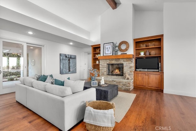 12 Bowie Rd, Rolling Hills, CA 90274 - living area featuring a stone fireplace, high vaulted ceiling, wood finished floors, recessed lighting, and beamed ceiling