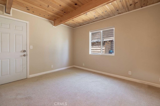 550 Pine Ln, Sugarloaf, CA 92386 - spare room featuring baseboards, beamed ceiling, carpet floors, and wood ceiling